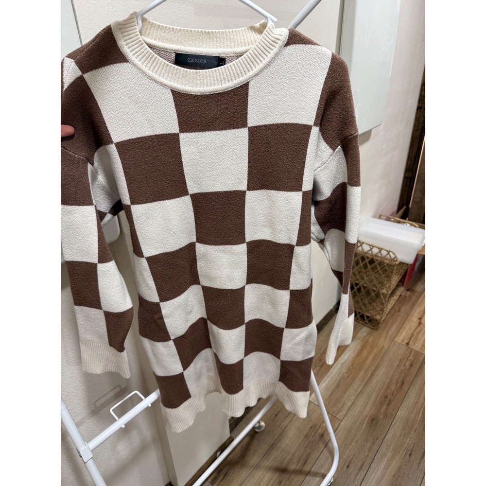 ZESICA Women Brown Cream Checkerboard Knit Crew Neck Long Sleeve Sweater Dress L